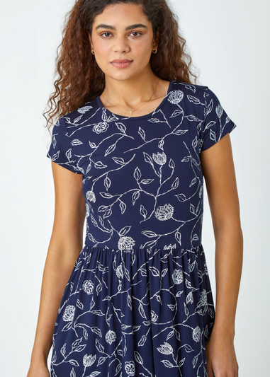 Roman Navy Floral Print Midi Stretch Dress