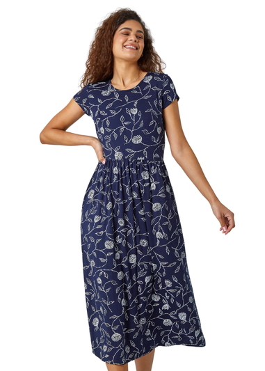 Roman Navy Floral Print Midi Stretch Dress