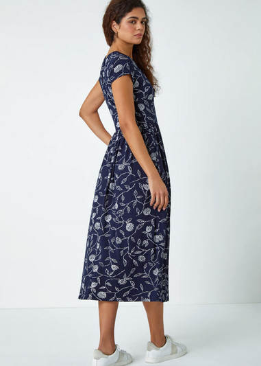 Roman Navy Floral Print Midi Stretch Dress