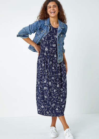 Roman Navy Floral Print Midi Stretch Dress