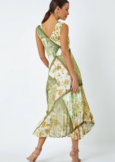 Roman Green Paisley Scarf Print Pleated Midi Dress
