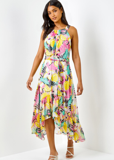 Roman Pink Tropical Print Halter Neck Chiffon Dress