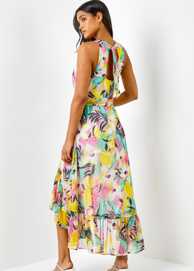 Roman Pink Tropical Print Halter Neck Chiffon Dress