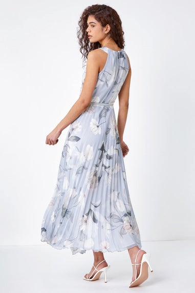 Roman Grey Floral Pleated Chiffon Maxi Dress