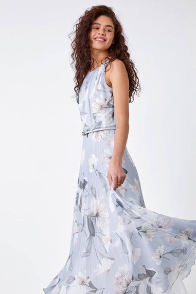 Roman Grey Floral Pleated Chiffon Maxi Dress