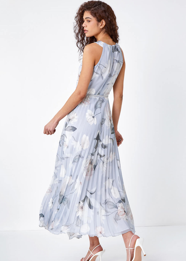 Roman Grey Floral Pleated Chiffon Maxi Dress