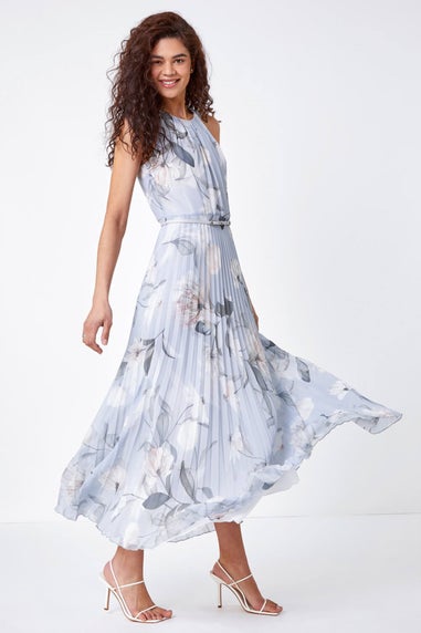 Roman Grey Floral Pleated Chiffon Maxi Dress