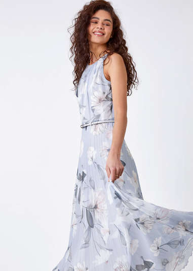 Roman Grey Floral Pleated Chiffon Maxi Dress