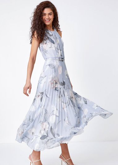 Roman Grey Floral Pleated Chiffon Maxi Dress