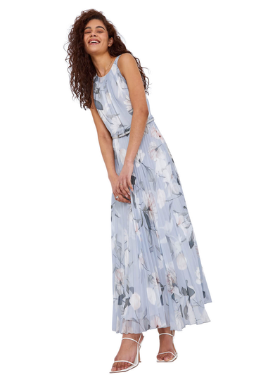 Roman Grey Floral Pleated Chiffon Maxi Dress