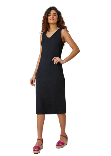 Roman Black Textured Stretch Jersey Midi Dress