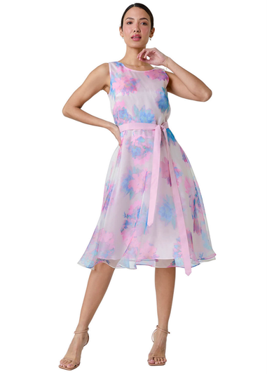 Roman Light Pink Floral Print Chiffon Organza Fit & Flare Dress