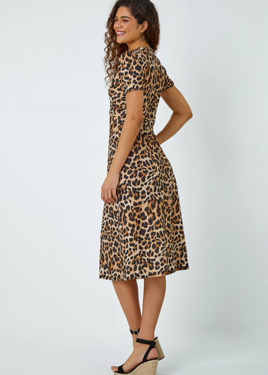 Roman Camel Leopard Print Twist Front Stretch Midi Dress