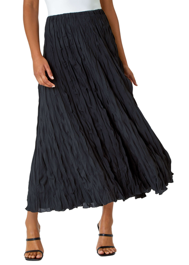 Roman Black Textured Crinkle Midi Skirt