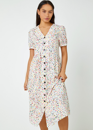 Roman Dusk Yellow Ditsy Spot Print Button Down Dress