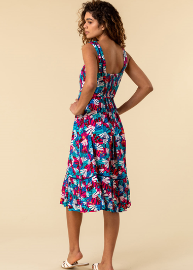 Roman Multi Palm Print Midi Length Sun Dress