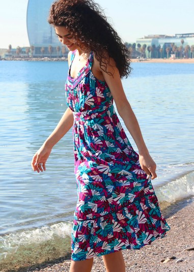 Roman Multi Palm Print Midi Length Sun Dress