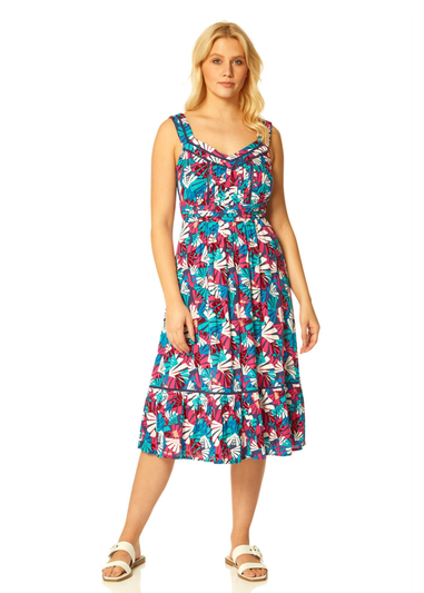 Roman Multi Palm Print Midi Length Sun Dress