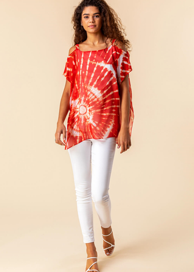 Roman Red Cold Shoulder Tie Dye Print Top