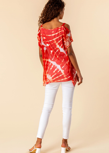 Roman Red Cold Shoulder Tie Dye Print Top