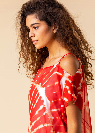 Roman Red Cold Shoulder Tie Dye Print Top