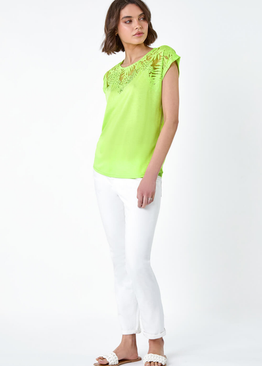 Roman Lime Embellished Palm Print Cut Out T-Shirt