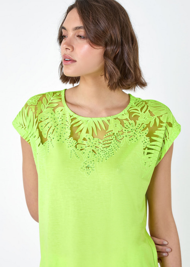 Roman Lime Embellished Palm Print Cut Out T-Shirt