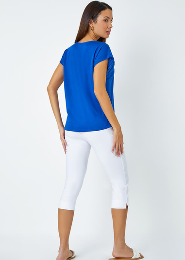 Roman Royal Blue Embellished Palm Print Cut Out T-Shirt