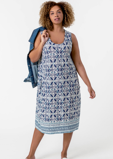 Roman Curve Blue Geo Stretch Cocoon Dress