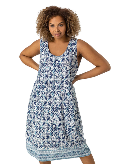 Roman Curve Blue Geo Stretch Cocoon Dress