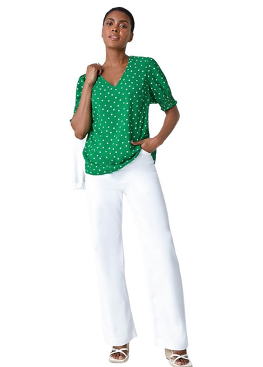 Roman Green Polka Dot Shirred Top