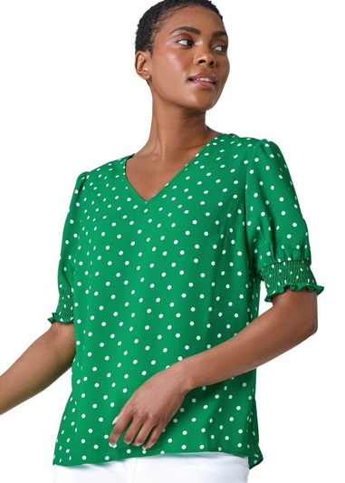 Roman Green Polka Dot Shirred Top