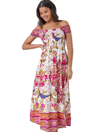 Roman Fuchsia Paisley Shirred Bardot Maxi Dress