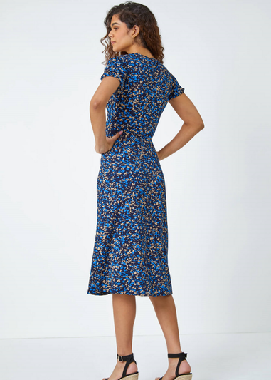 Roman Royal Blue Animal Twist Front Midi Stretch Dress