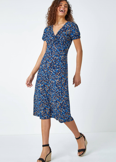 Roman Royal Blue Animal Twist Front Midi Stretch Dress