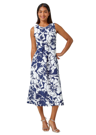 Roman Navy Sleeveless Cotton Blend Floral Midi Dress