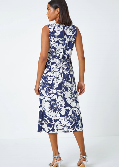 Roman Navy Sleeveless Cotton Blend Floral Midi Dress