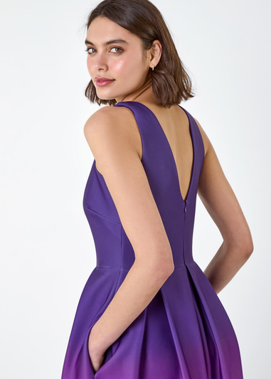 Roman Purple Ombre Pleated Luxe Stretch Midi Dress