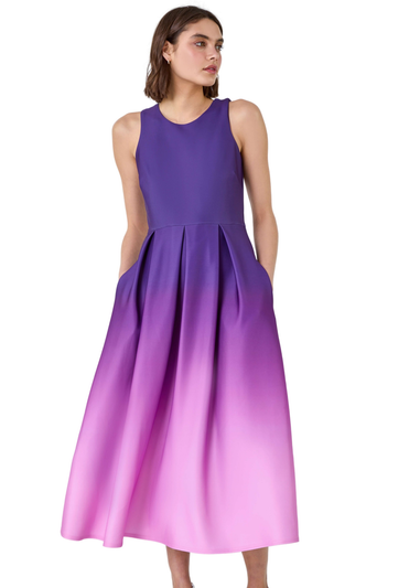 Roman Purple Ombre Pleated Luxe Stretch Midi Dress