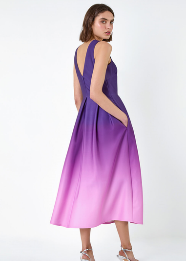 Roman Purple Ombre Pleated Luxe Stretch Midi Dress