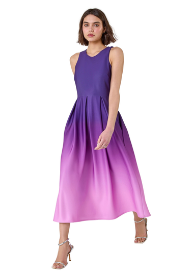 Roman Purple Ombre Pleated Luxe Stretch Midi Dress