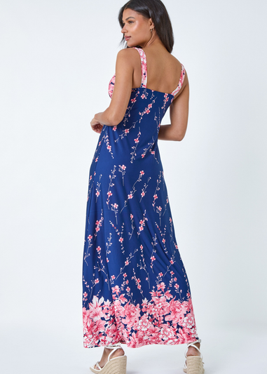 Roman Navy Floral Print Stretch Maxi Dress