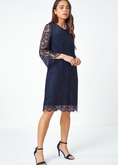 Roman Navy Petite Lace Overlay Tunic Dress