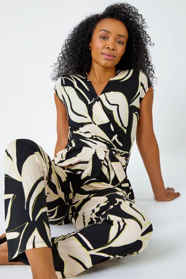 Roman Black Petite Leaf Print Stretch Jumpsuit