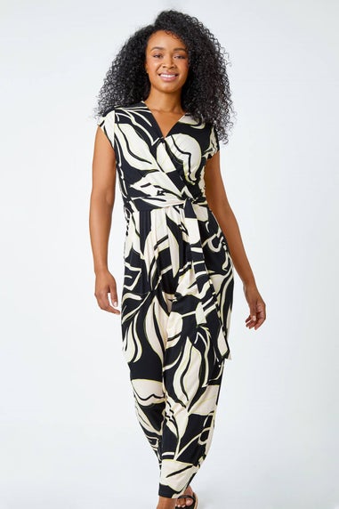 Roman Black Petite Leaf Print Stretch Jumpsuit