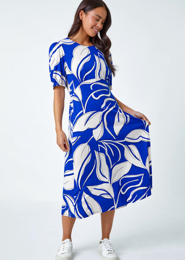 Roman Royal Blue Petite Leaf Stretch Midi Dress