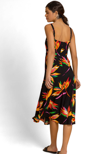 Roman Black Floral Print Tie Front Midi Dress