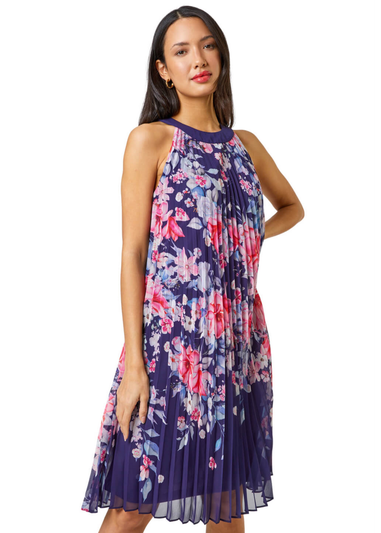 Roman Navy Floral High Neck Pleated Chiffon Swing Dress