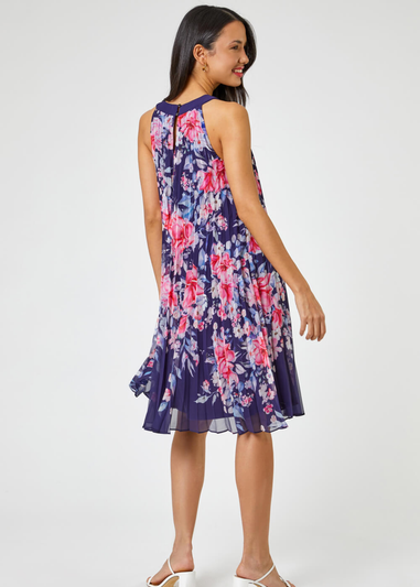 Roman Navy Floral High Neck Pleated Chiffon Swing Dress