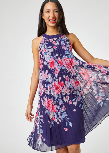 Roman Navy Floral High Neck Pleated Chiffon Swing Dress